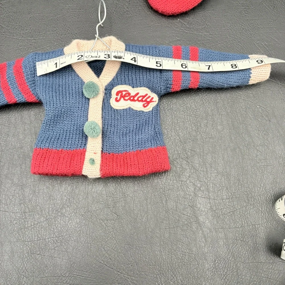 Vintage Style Miniature Knit Teddy Bear Sweater and Hat Set Blue Red Varsity
